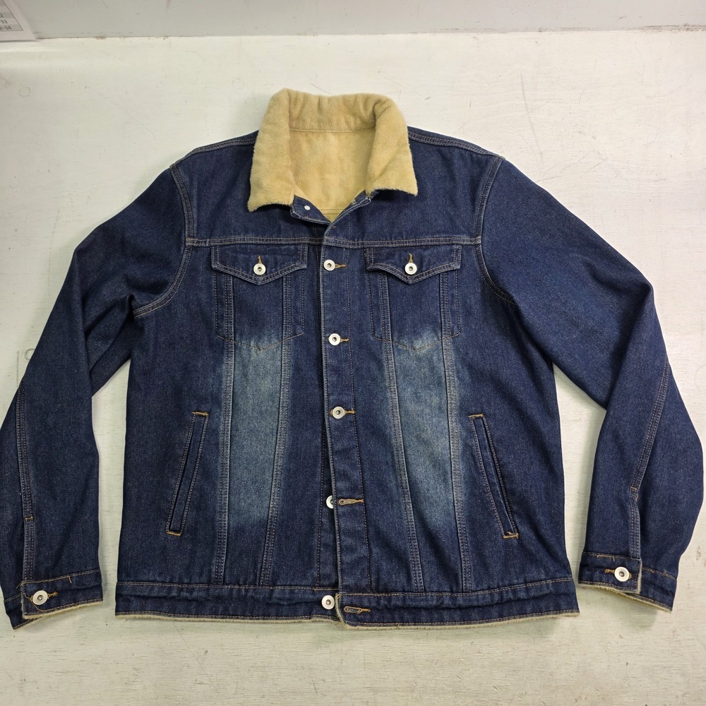HME Faux Fur Lined Denim Trucker Jacket Mens Large 40 Dark Wash Blue Snap Front